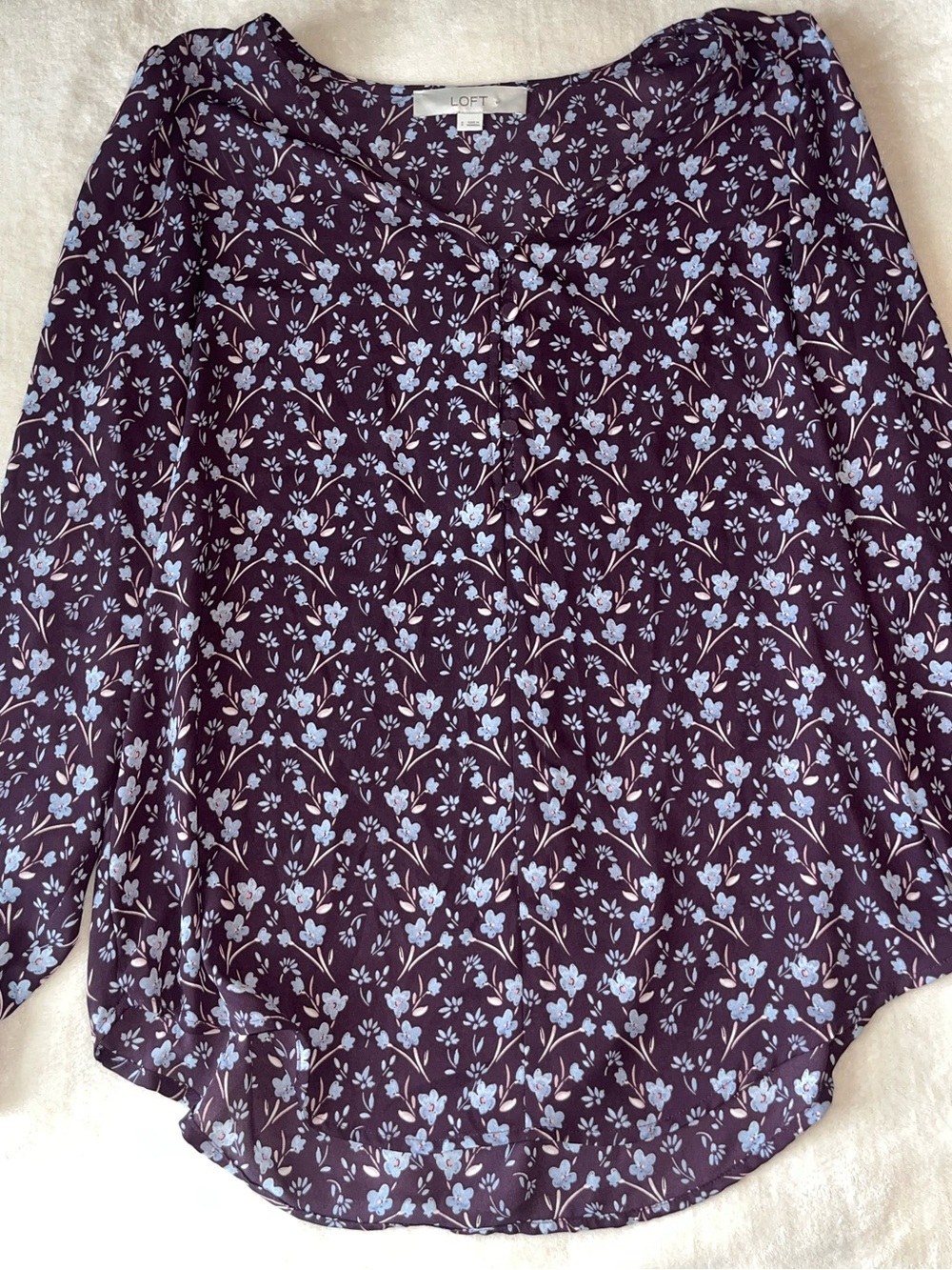 LOFT Purple Floral Long-Sleeve Blouse V Neck Lightweight Office Work Business S